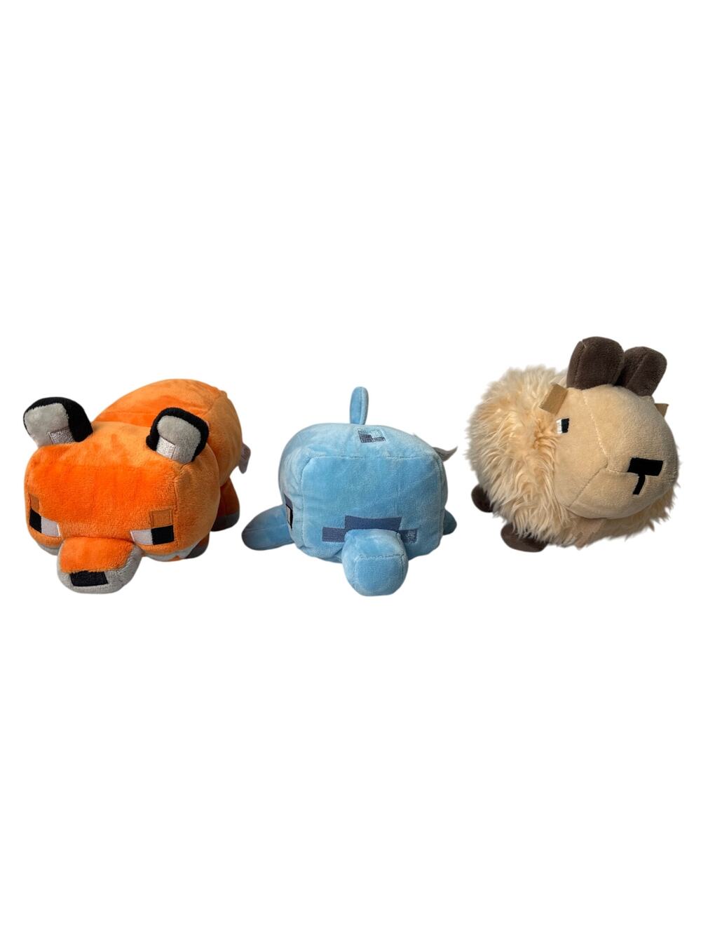 Minecraft fox, dolphin, and mountain goat plush stuffed toys